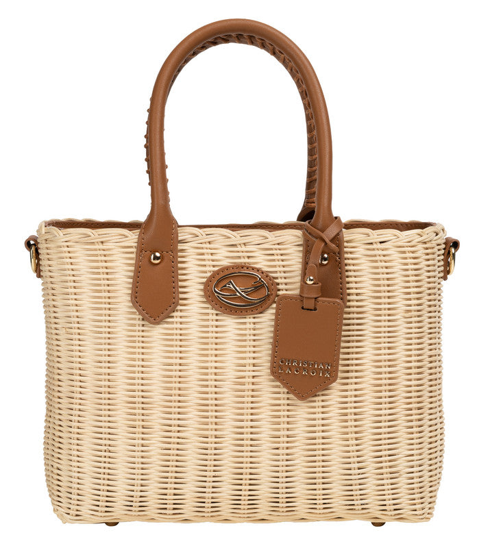 Christian Lacroix Eloma rattan tote bag with tan leather handles and trim